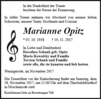 Traueranzeige von Marianne Opitz  von Magdeburger Volksstimme