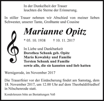 Traueranzeige von Marianne Opitz  von Magdeburger Volksstimme