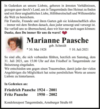Traueranzeige von Marianne Paasche (geb. Schmidt)  von Magdeburger Volksstimme