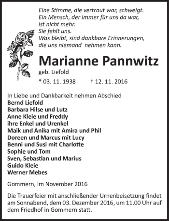 Traueranzeige von Marianne Pannwitz (geb. Liefold)  von Magdeburger Volksstimme