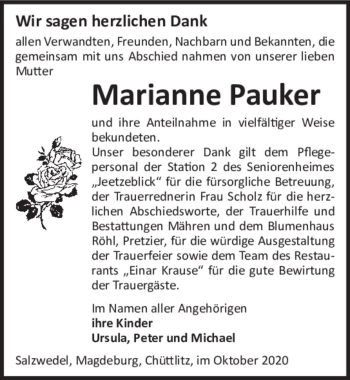 Traueranzeige von Marianne Pauker  von Magdeburger Volksstimme