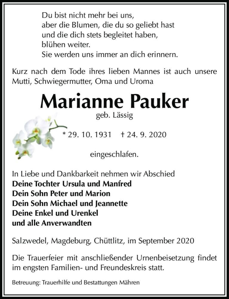  Traueranzeige für Marianne Pauker (geb. Lässig)  vom 30.09.2020 aus Magdeburger Volksstimme