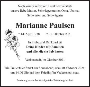 Traueranzeige von Marianne Paulsen  von Magdeburger Volksstimme