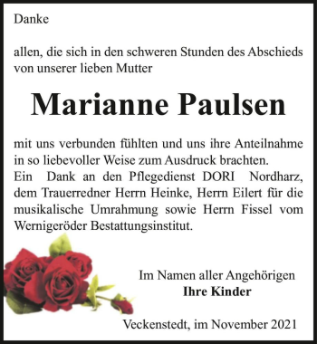 Traueranzeige von Marianne Paulsen  von Magdeburger Volksstimme