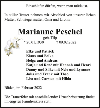 Traueranzeige von Marianne Peschel (geb. Tilp)  von Magdeburger Volksstimme