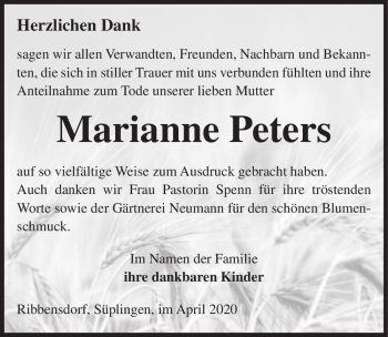 Traueranzeige von Marianne Peters  von Magdeburger Volksstimme