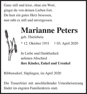 Traueranzeige von Marianne Peters (geb. Thielebein)  von Magdeburger Volksstimme