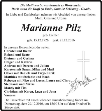 Traueranzeige von Marianne Pilz (geb. Eichler)  von Magdeburger Volksstimme