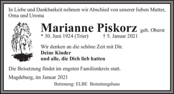Traueranzeige von Marianne Piskorz (geb. Oberst)  von Magdeburger Volksstimme