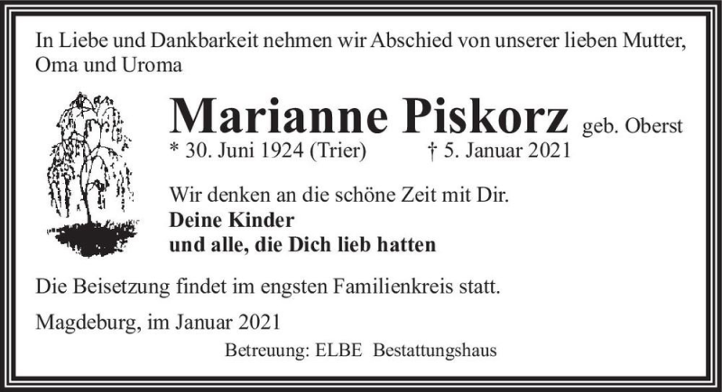  Traueranzeige für Marianne Piskorz (geb. Oberst)  vom 16.01.2021 aus Magdeburger Volksstimme