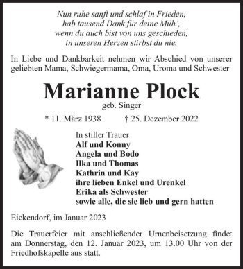 Traueranzeige von Marianne Plock (geb. Singer)  von Magdeburger Volksstimme