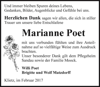 Traueranzeige von Marianne Poet  von Magdeburger Volksstimme