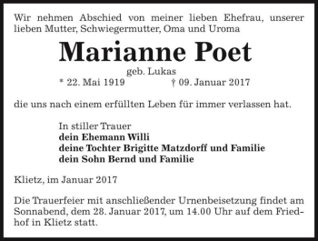Traueranzeige von Marianne Poet (geb. Lukas)  von Magdeburger Volksstimme
