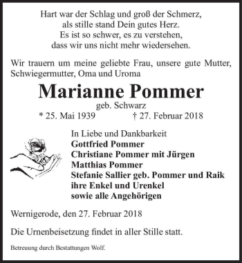 Traueranzeige von Marianne Pommer (geb. Schwarz)  von Magdeburger Volksstimme