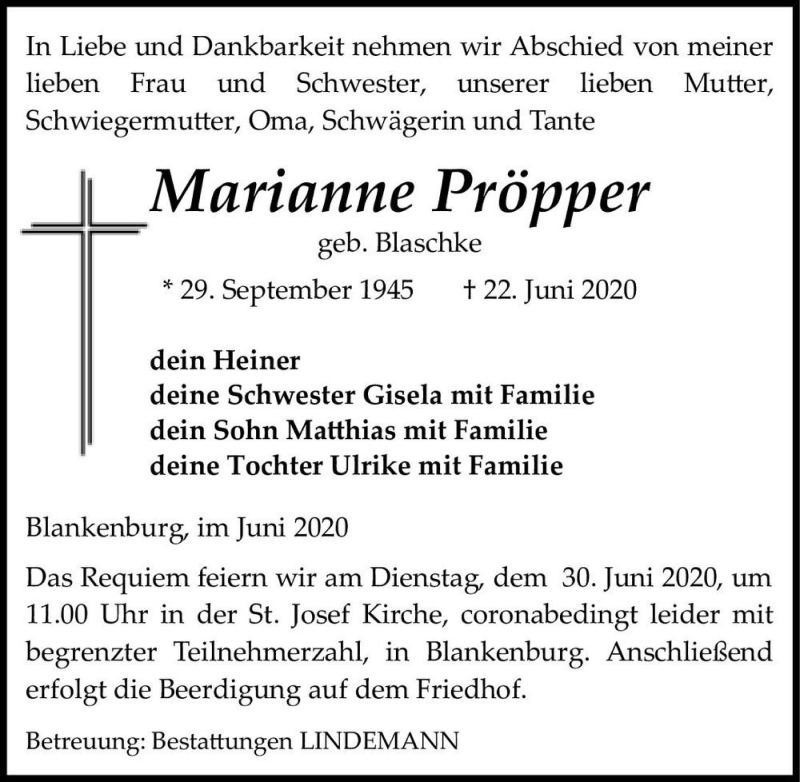  Traueranzeige für Marianne Pröpper (geb. Blaschke)  vom 27.06.2020 aus Magdeburger Volksstimme