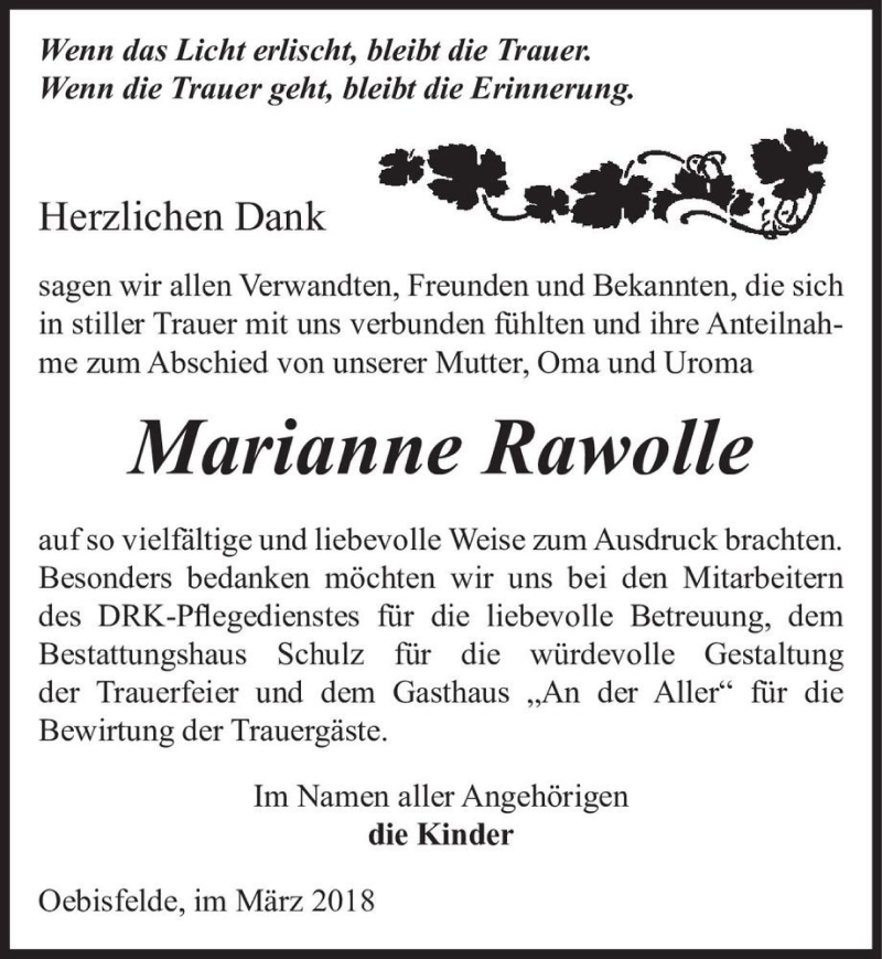  Traueranzeige für Marianne Rawolle  vom 31.03.2018 aus Magdeburger Volksstimme