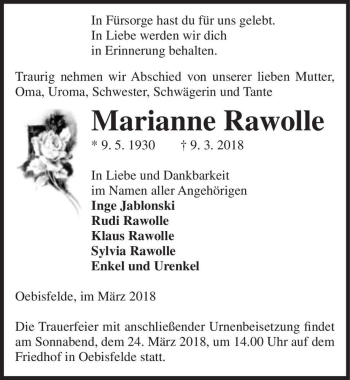 Traueranzeige von Marianne Rawolle  von Magdeburger Volksstimme