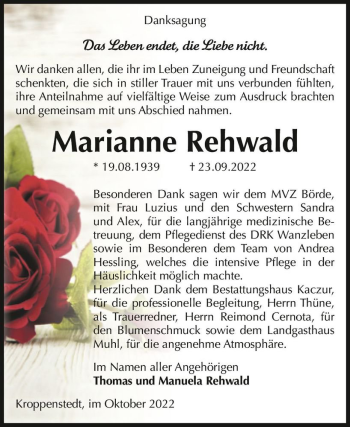 Traueranzeige von Marianne Rehwald  von Magdeburger Volksstimme