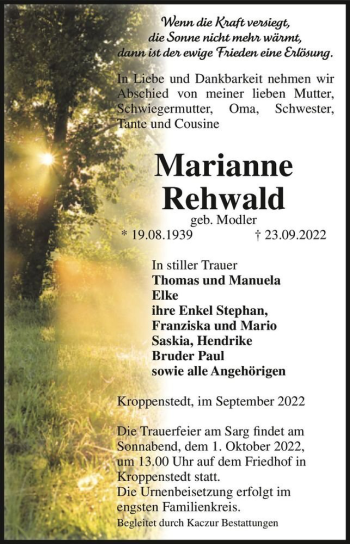 Traueranzeige von Marianne Rehwald (geb. Modler)  von Magdeburger Volksstimme