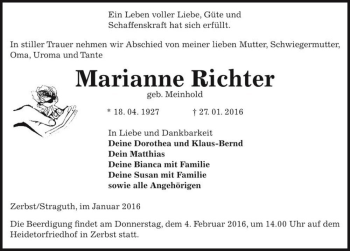 Traueranzeige von Marianne Richter (geb. Meinhold)  von Magdeburger Volksstimme