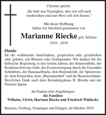 Traueranzeige von Marianne Riecke (geb. Schulze)  von Magdeburger Volksstimme
