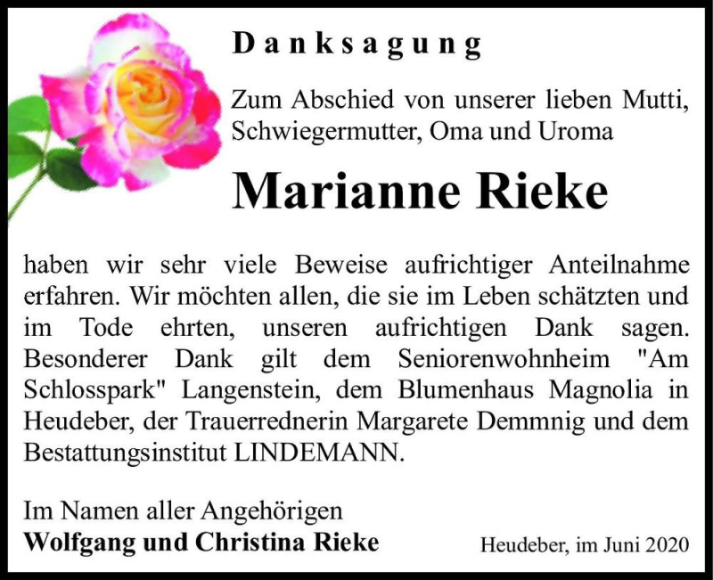  Traueranzeige für Marianne Rieke  vom 27.06.2020 aus Magdeburger Volksstimme