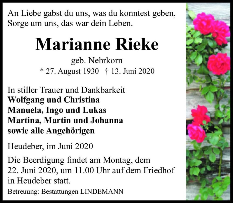  Traueranzeige für Marianne Rieke (geb. Nehrkorn)  vom 17.06.2020 aus Magdeburger Volksstimme