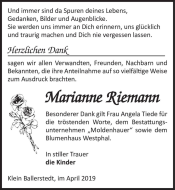 Traueranzeige von Marianne Riemann  von Magdeburger Volksstimme