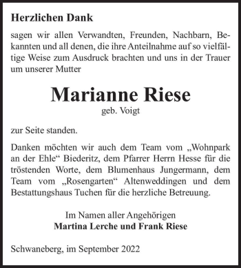 Traueranzeige von Marianne Riese (geb. Voigt)  von Magdeburger Volksstimme