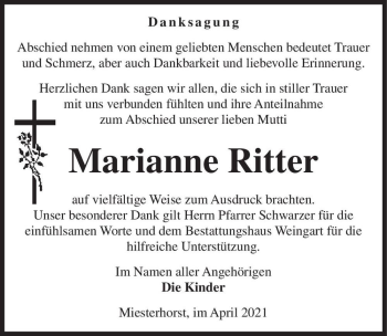 Traueranzeige von Marianne Ritter  von Magdeburger Volksstimme