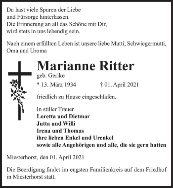 Traueranzeige von Marianne Ritter (geb. Gerike)  von Magdeburger Volksstimme