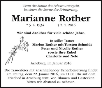 Traueranzeige von Marianne Rother  von Magdeburger Volksstimme