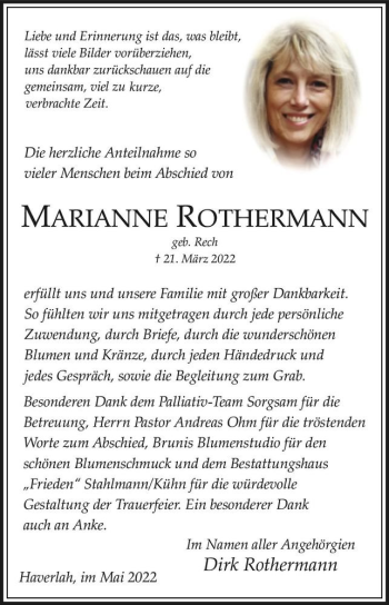 Traueranzeige von Marianne Rothermann (geb. Rech)  von Magdeburger Volksstimme