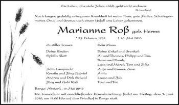 Traueranzeige von Marianne Roß (geb. Herms)  von Magdeburger Volksstimme