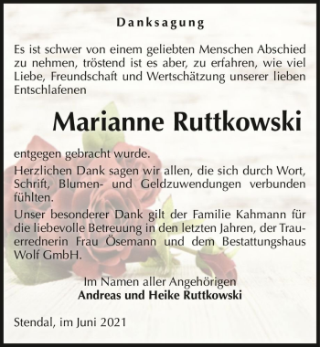 Traueranzeige von Marianne Ruttkowski  von Magdeburger Volksstimme
