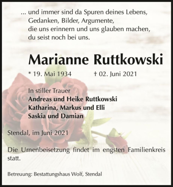 Traueranzeige von Marianne Ruttkowski  von Magdeburger Volksstimme