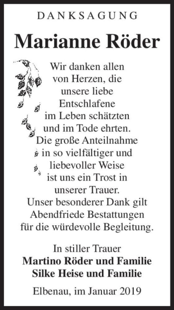 Traueranzeige von Marianne Röder  von Magdeburger Volksstimme