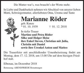 Traueranzeige von Marianne Röder (geb. Kunze)  von Magdeburger Volksstimme
