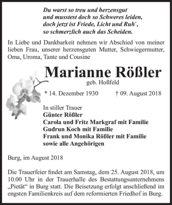 Traueranzeige von Marianne Rößler (geb. Hoßfeld)  von Magdeburger Volksstimme