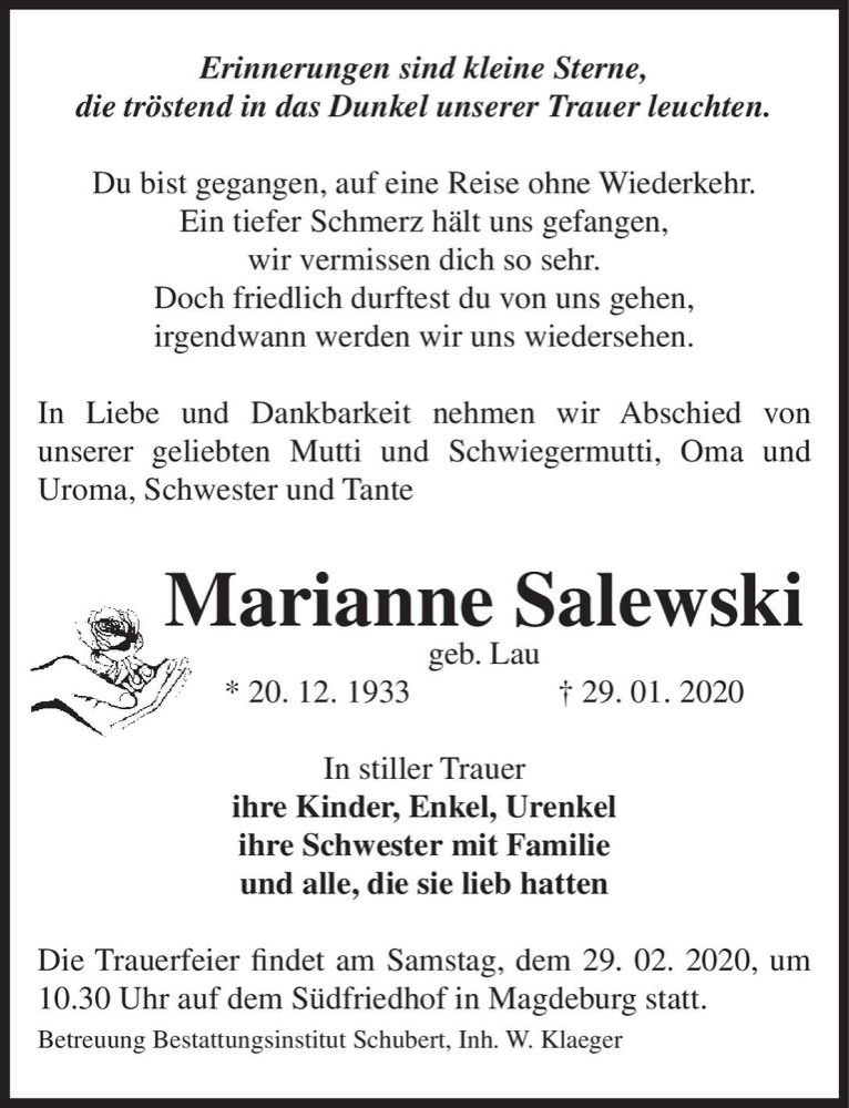  Traueranzeige für Marianne Salewski (geb. Lau)  vom 22.02.2020 aus Magdeburger Volksstimme
