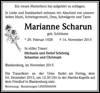 Traueranzeige von Marianne Scharun (geb. Schlimme)  von Magdeburger Volksstimme
