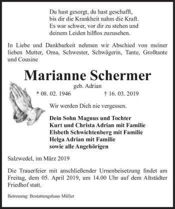 Traueranzeige von Marianne Schermer (geb. Adrian)  von Magdeburger Volksstimme