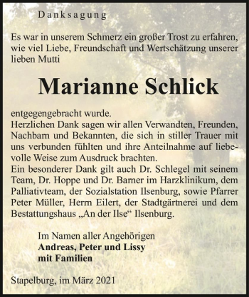 Traueranzeige von Marianne Schlick  von Magdeburger Volksstimme