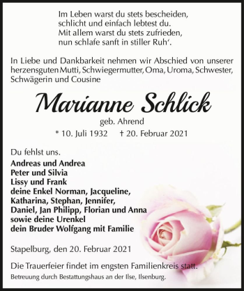 Traueranzeige von Marianne Schlick (geb. Ahrend)  von Magdeburger Volksstimme
