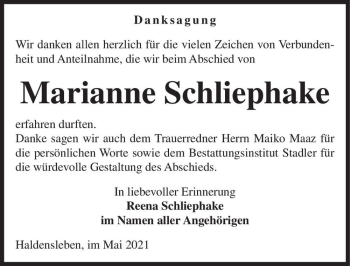 Traueranzeige von Marianne Schliephake  von Magdeburger Volksstimme