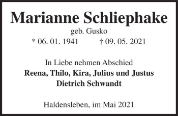 Traueranzeige von Marianne Schliephake (geb. Gusko)  von Magdeburger Volksstimme