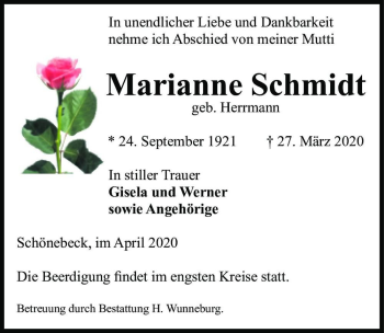 Traueranzeige von Marianne Schmidt (geb. Herrmann)  von Magdeburger Volksstimme