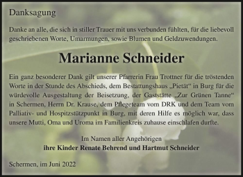 Traueranzeige von Marianne Schneider  von Magdeburger Volksstimme