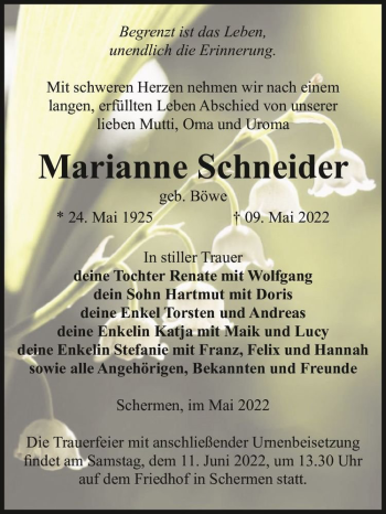 Traueranzeige von Marianne Schneider (geb. Böwe)  von Magdeburger Volksstimme