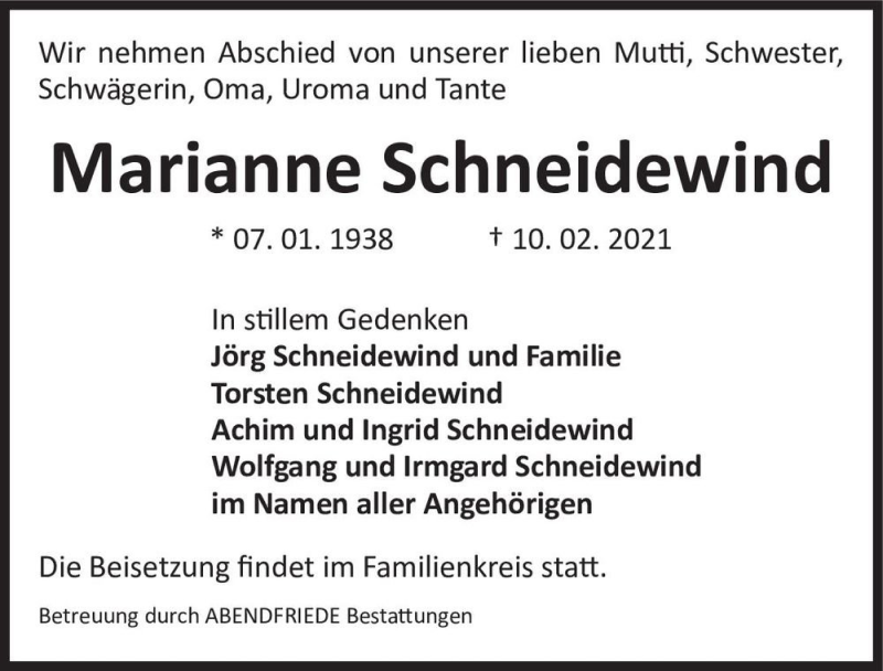  Traueranzeige für Marianne Schneidewind  vom 06.03.2021 aus Magdeburger Volksstimme